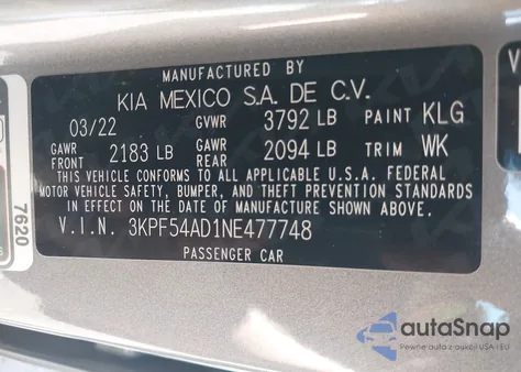 2022 Kia Forte Gt-Line из США, поврежденный, VIN 3KPF54AD1NE477748